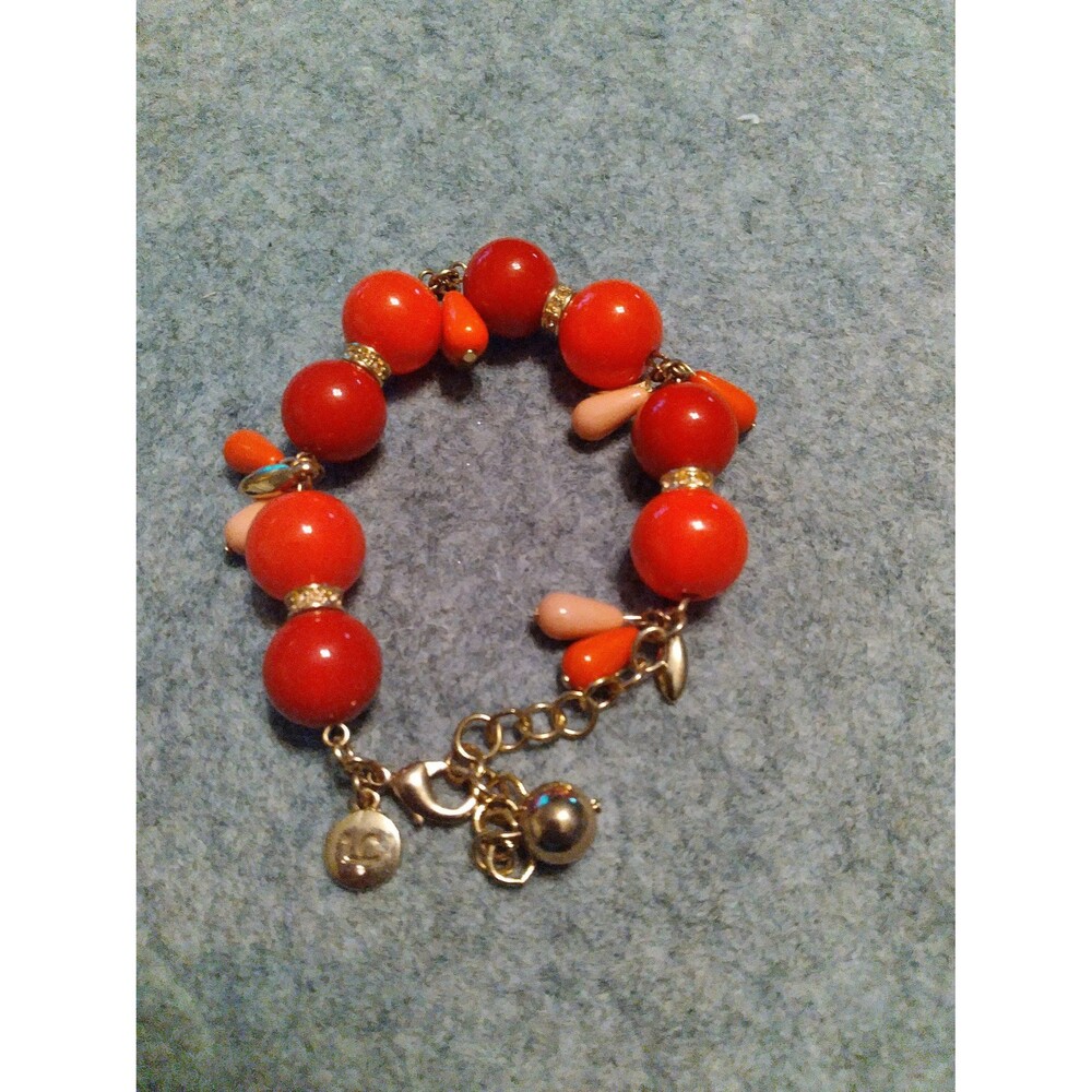 J.Crew Red Orange‎ Beaded Charm Bracelet Gold Tone Adjustable Lobster Clasp Logo